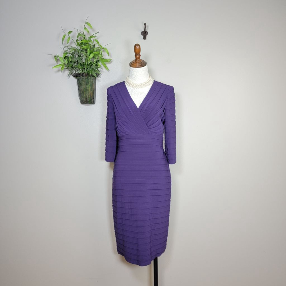 Adrianna Papell Bodycon Bandage Layered V Neck Dress Purple Sheath Stretch 8